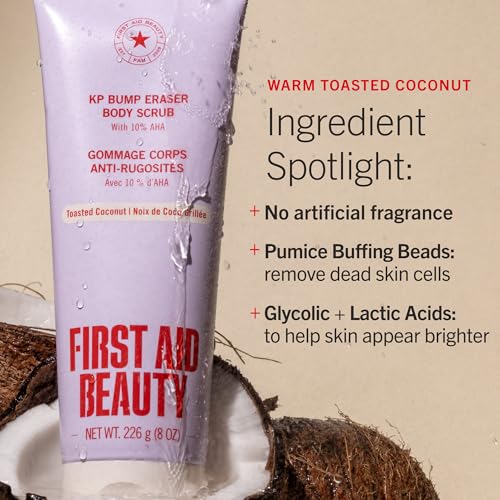 Image of First Aid Beauty KP Bump Eraser Body Scrub with 10% AHA - Dermatologist-Tested Keratosis Pilaris Exfoliator - Support for Rough Bumps, Uneven Skin Texture & Strawberry Skin - Sensitive Skin