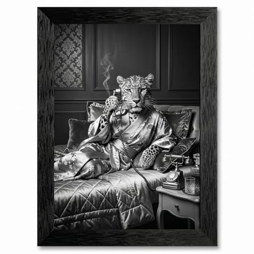Framed Canvas Wall Art Surreal Modern Leopard Kimono Grayscale Vintage Phone Luxury Bed Art Canvas Print Poster Black Frame Wall Decor for Living Room Whimsical Art, Quirky Decor - 8x10 Inch