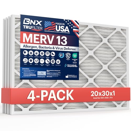 BNX TruFilter 20x30x1 Air Filter MERV 13 (4-Pack) - MADE IN USA - Electrostatic Pleated Air Conditioner HVAC AC Furnace Filters for Allergies, Pollen, Mold, Bacteria, Smoke, Allergen, MPR 1900 FPR 10
