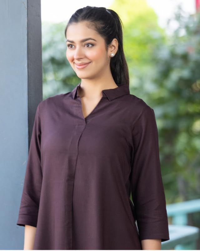 Image of Mlada Rayon Flare Top for Women | 3 /4th Sleeve Regular Fit and Flare Top | Women Office Tops Tunic | Western Long Shirt Top for Women | Shirt Collar Top for Women | Rayon Tunic Tops for Women Western