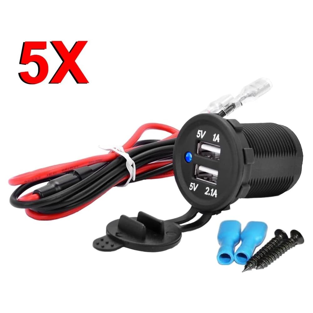 MMOBIEL Packung mit 5 Universal-USB-Ladegeräten, wasserdicht, 2 Steckdosen mit Blauer LED-Anzeige, mit 2 USB-Buchsen, Davon 1 x Schnellladung 2,1 A, 12 V, zur Verwendung auf Booten, Motorrädern,