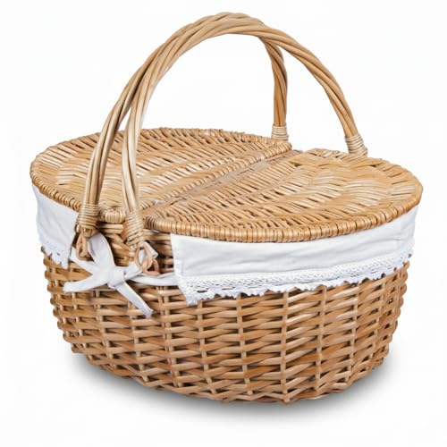 Wicker Picnic Basket with Lid and Handle Sturdy Woven Body with Washable Lining for Easter,Mother's...