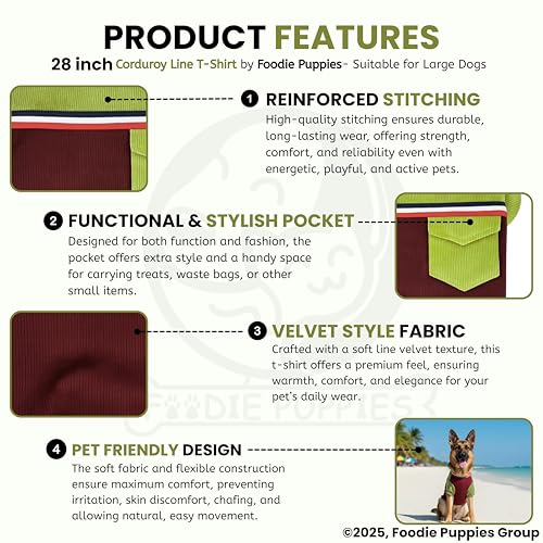 Image of Foodie Puppies Corduroy Line Velvet Pocket T-Shirt Warm Sweater Jacket - (28 inch, Olive & Maroon) for Large Dogs | Soft, Lightweight Pet Apparel | Stylish, Comfortable, Durable, Stretchable