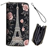 Bxgolkgd Womens Wallet, RFID Blocking Leather Wallet,Large Capacity Wallet Credit Card Holder PU Leather Ladies Clutch with Zipper Coin Pocket - Paris Eiffel Tower Rose