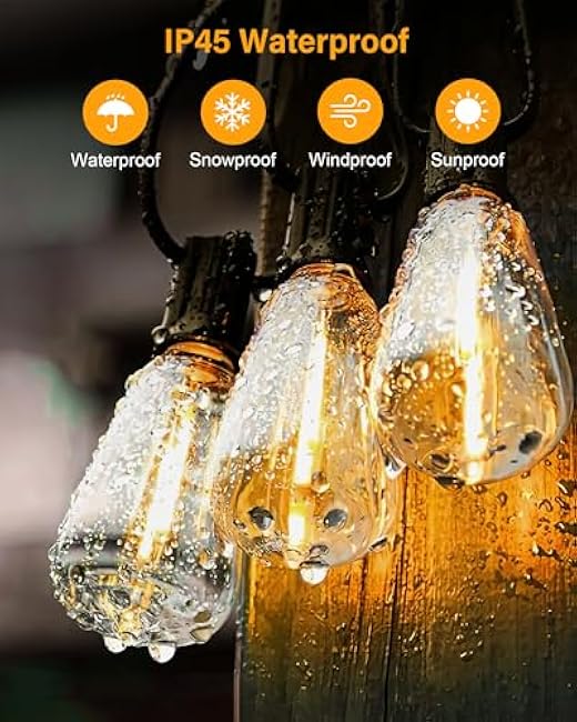 Outdoor String Lights Waterproof, 25 Feet Patio Lights with 13 ST38 Edison Bulbs(1 Sqare), Hanging Lights with Plug in Cord for Porch, Blacony, Backyard, Bistro, Garden, 2700K