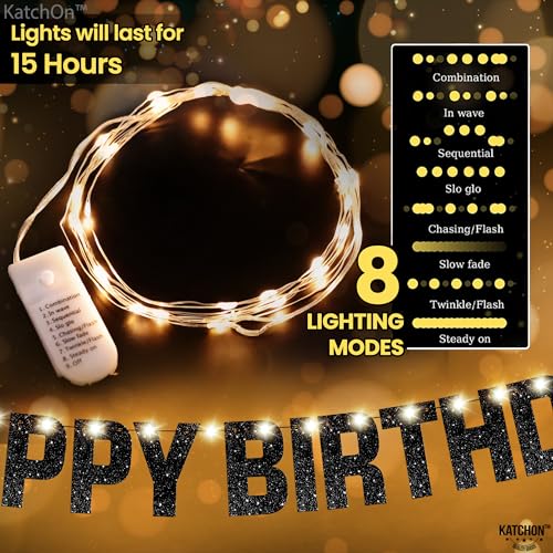 Image of KatchOn, Glitter Black Happy Birthday Banner Light Up - Prestrung, 10 Feet | Light Up Happy Birthday Sign | Happy Birthday Decorations for Men, Women, Boys, Girls | Birthday Party Decorations