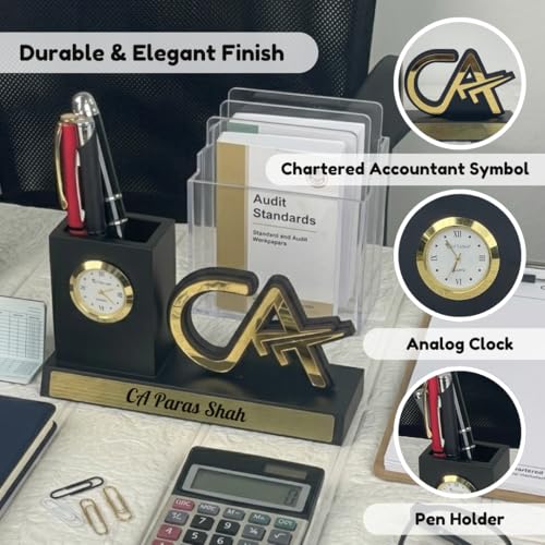 Image of Giftana Personalized CA Pen Stand with Name & Clock, Wooden Desk Organizer with Chartered Accountant Emblem, Customized Pencil Holder for Office Desk, Unique Gift for CA, Birthday & Professional Gift