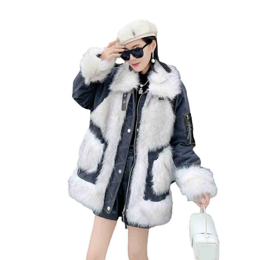JUZHIJIA Autumn Winter Denim Splice Jackets Women's Mid-Length Faux Wool Fur Jacket Loose Parka Coat Street Casual Outerwear