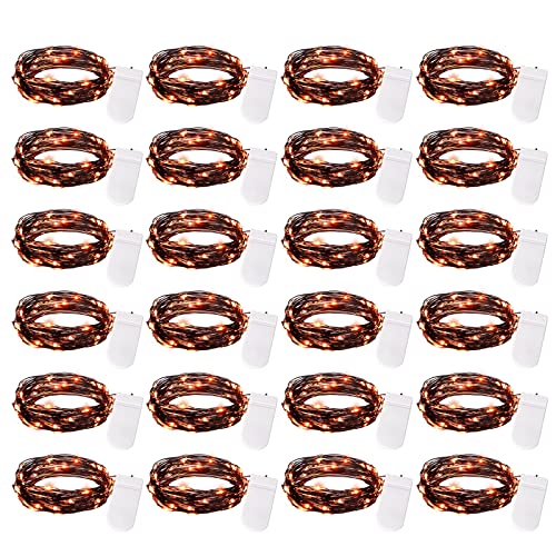 Brightown 24 Pack LED Fairy Lights Battery Operated String Lights Waterproof Silver Wire 7 Feet 20 LED Firefly Starry Moon Lights for DIY Wedding Party Bedroom Patio Christmas (Orange, 24 Pack)