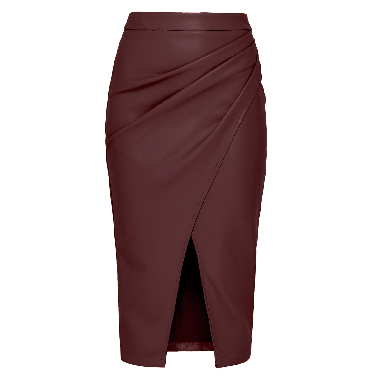 Leather Skirts for Women Mid Length Business Work Outfits with Slit Wrap Ruched Bodycon Skirt High Waisted Pleated