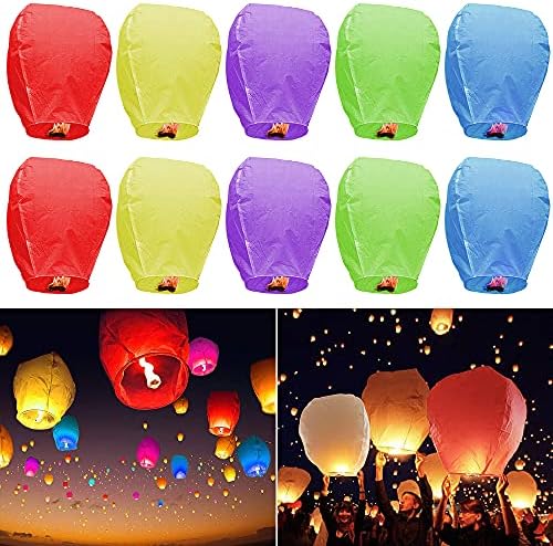 JRing 10 PCS Colorful Paper Chinese Flying Lanterns Fly Candle Lamps for Christmas, New Years Eve, Wish Party &Weddings