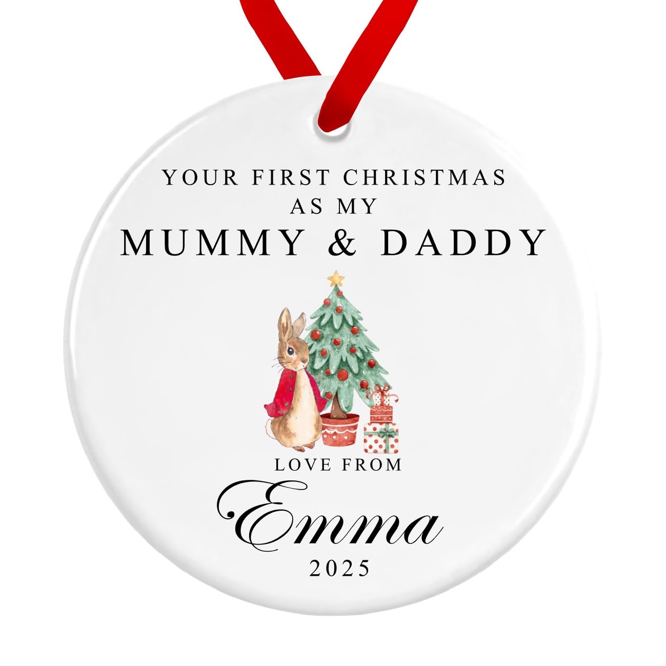 Your First Christmas as my.. Bauble | Christmas Rabbit Ceramic Decoration | Personalised Name Baby First Christmas Custom Ornament (Organza Bag, Mummy & Daddy, Red Ribbon)