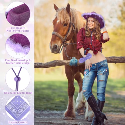 Image of Coume 12 Pcs Sparkly Adults Cowboy Hat and Bandanas Women Men Western Glitter Cowgirl Party Hats with Adjustable Drawstring