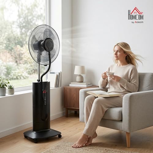 Homcom Ventilatore Nebulizzatore Con Serbatoio 1.5L, 3 Modalità E 3 Velocità, Ventilatore A Piantana Con Ruote, Oscillazione 120°, Inclinazione 20°, Timer 9H, Display Led E Telecomando, 100W, 130Cm - 2