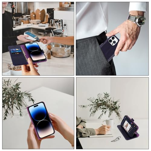 Image of MONASAY Vegan Leather Fit for iPhone 14-Pro 5G Wallet Case, 6.1-inch, [Glass Screen Protector Included] [RFID Blocking] Flip Folio Phone Cover with Credit Card Holder,Purple
