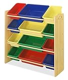 Whitmor Kid’s Toy Storage - 12 Easy Clean Bins - 4 Tier Toy Rack and Book Organizer - Primary Colors