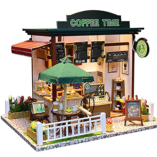 Hosdiy DIY Puppenhaus Bausatz Holz - Café Miniatur Haus Bausatz mit Möbeln , Musik, LED-Licht - Geschenk für Erwachsene…