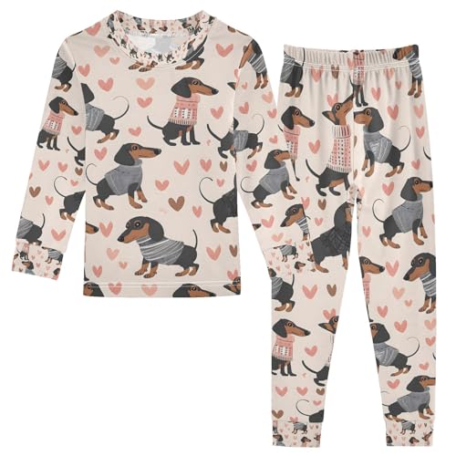 senya Cute Dachshunds in Heart Pajamas Set Long Sleeve Soft Cotton Sleepwear 2 Piece