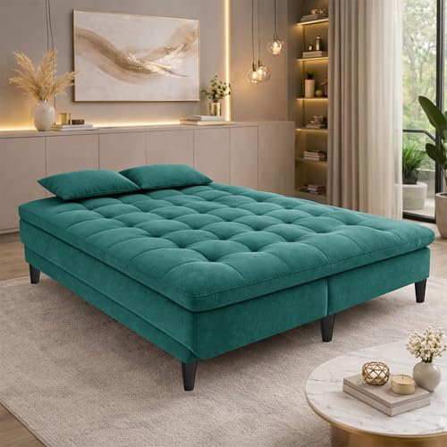 Image of Modern 3 Seater Sofa Cum Bed | Tufted Backrest | Velevt Fabric Upholstery | Living Room Furniture-Green