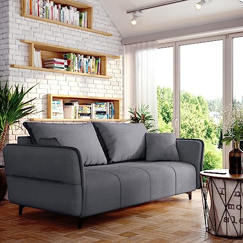 Sofa Isabell mit Bettkasten Schlafsofa Polstersofa mit Schlaffunktion Klappsofa Couch mit Schwarzen Füßen Sofagarnitur Wohnzimmer Gastzimmer (Sofa, Grau)