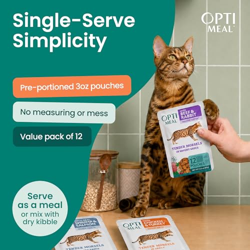 Image of Optimeal Wet Cat Food Variety Pack - Grain Free Tender Morsels, High Protein Premium Nutrition Made with Natural European Ingredients in Savory Gravy, Adult Cat Food Wet Pouches 3oz Pouch (Pack of 12)