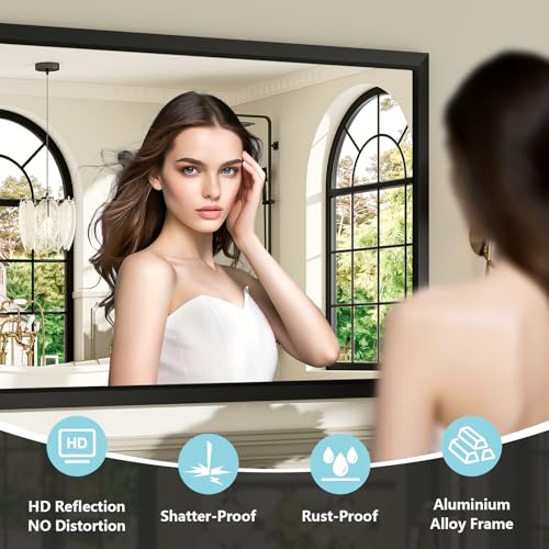 Image of 40x38 Inch Black Bathroom Mirror for Wall, Beveled Framed Rectangle Bathroom Vanity Mirrors for Over Sink, Bedroom, Living Room, Entryway, Anti-Rust, HD Tempered Glass, Horizontally /Vertically