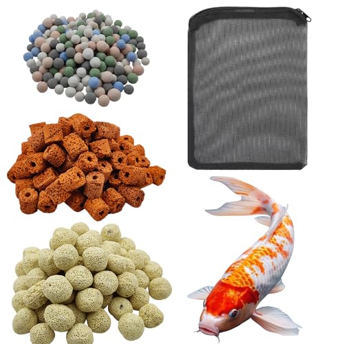 Image of COLOURFUL - Filter Media for Water Quality & Healthy Fish Tanks | 150g Yellow Bacterial Ball + 150g Red Breathing Ring + 150g Small Colour Quarz Ball, (3 in 1 Filter Media with Net Bag, Combo-1)