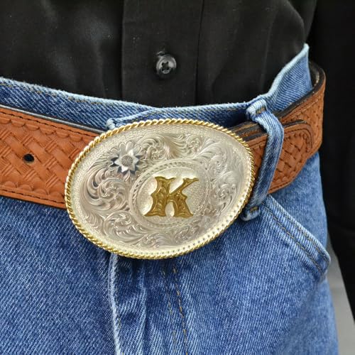 Image of Montana Silversmiths Initial Engraved Gold Trim Western Belt Buckle