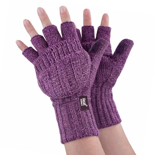 HEAT HOLDERS - Womens Thermal Converter Fingerless Cable Knit 2.3 tog Gloves (Purple Twist)