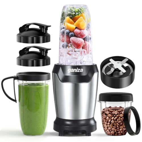 Ganiza Batidora de Vaso, 1300 W con 3 vasos mezcladores portátiles (2 de 1100 ml y 1 de 660 ml), 6 cuchillas de acero inoxidable, libre de BPA, batidora eléctrica para batidos y trituración de hielo