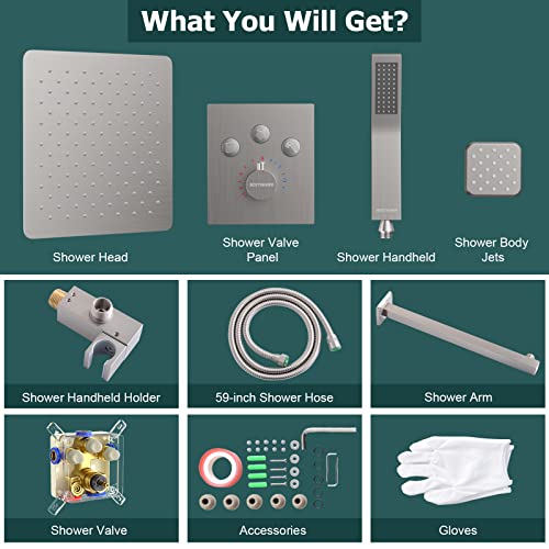 Bostingner Thermostatic Shower System With Body Spray Jets,12 Inch Rain Shower Head Wall Mounted,With All Brass Handheld Combo Set And 6 Shower Jets(Can Use All Functions At A Time), Brushed Nickel #TOP6