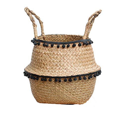 Szetosy - Cesta de junco para almacenamiento de Goodchance UK, con pompones. Cesta plegable tejida y con asa para ropa, juguetes, plantas o para usar en el cuarto del bebé, Estilo#6, 32x28cm