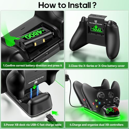Image of Controller Charger Station with 2x4800mWh Rechargeable Battery Packs Compatible with Xbox One /Elite /Series X|S, Controller Charging Dock, XB Gaming Accessories with 9 RGB Modes and 4 Battery Covers