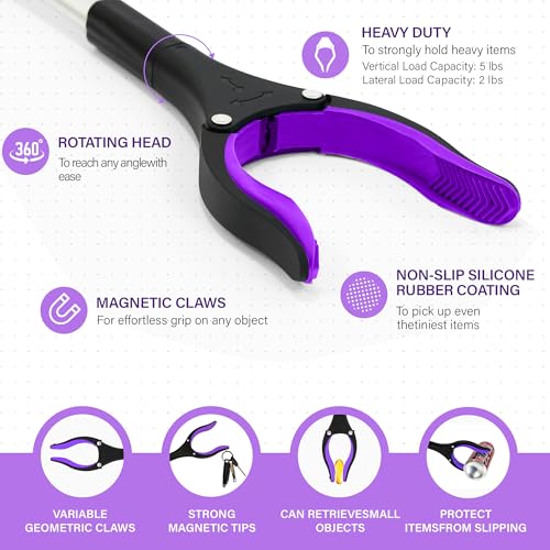 Grabber Reacher Tool - 32” Reacher Grabber Tool with Strong Magnetic and Swivel Head - Heavy Duty Pick Up Stick Grabbers for Seniors, Trash, Surgery Recovery Must Haves Gifts(Purple) - Image 3