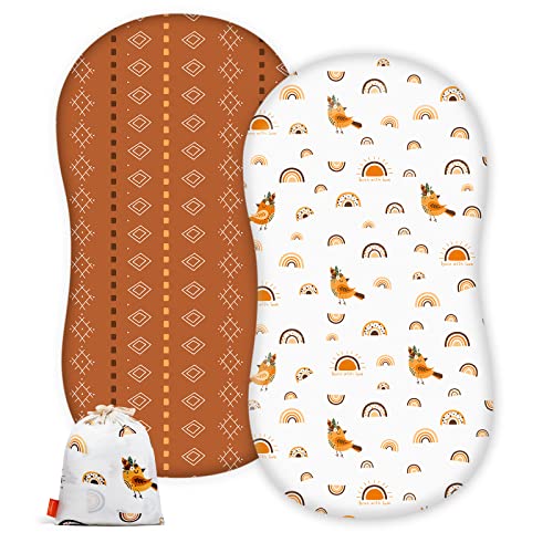 Image of Bassinet Sheet, Besrey 2 Pack Bassinet Sheets Fitted for Baby Boys and Girls, Soft Jersey Cotton Baby Bassinet Sheet with Rectangle Oval Peanut Shapes for Bassinet Beside Sleeper, Storage Bag(Boho)