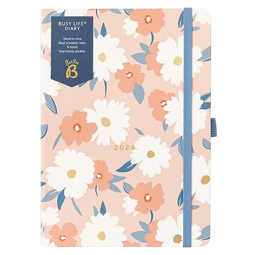 Busy B Busy Life Diary January to December 2024 - A5 Pink Daisy - Week to View Planner with Dual Schedules, Pen Holder and Pockets