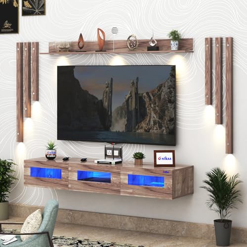 Image of Anikaa RayzaNote Engineered Wood Wall Mount TV Unit Acrylic Blue LED Storage Box, Side Wooden Accent Spot Light I Deal for Up to 50 Inch TV Coachwood - DIY Installation