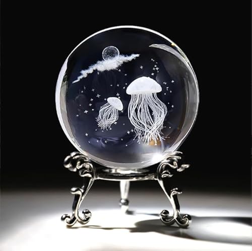 QIANCHANG Bola de cristal de água-viva gravada a laser 3D com suporte, estatueta de água-viva de cri