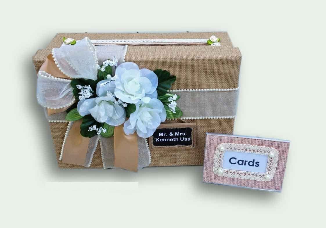 Rustic Wedding Card Box,small, burlap, lace, holds up to 50