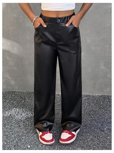 MakeMeChic Girl's PU Leather Straight Leg Pants High Waisted Zip Fly Y2K Trousers Streetwear2