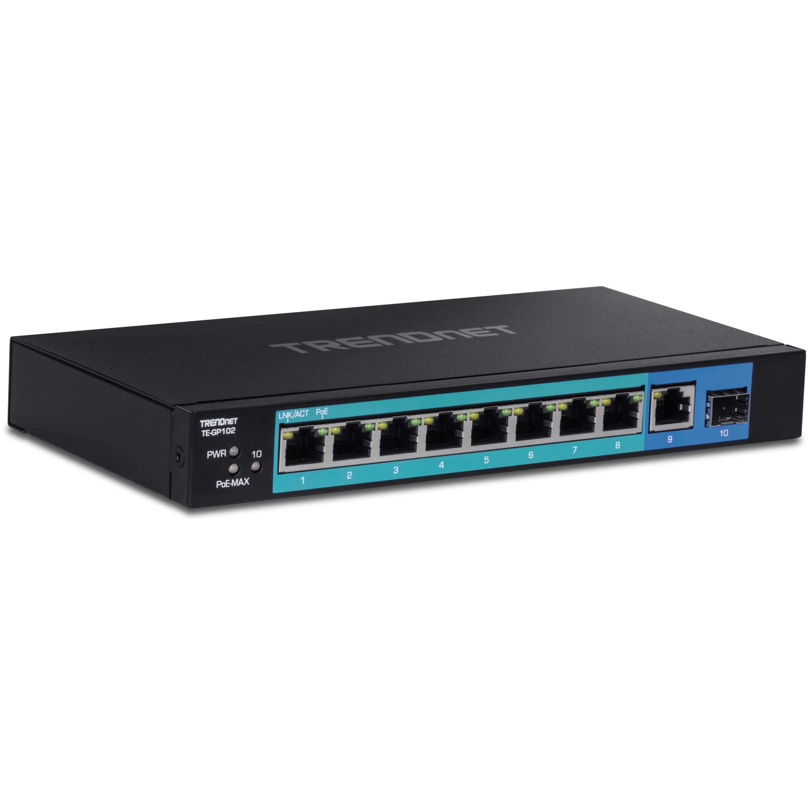 TRENDnet 10-Port Unmanaged Gigabit PoE+ Switch, 8 x Gigabit PoE+, 1 x Gigabit, 1 x Gigabit SFP Slot, 58W PoE Power Budget, 20Gbps Switching Capacity, Metal Network Switch, Fanless, Black, TE-GP102