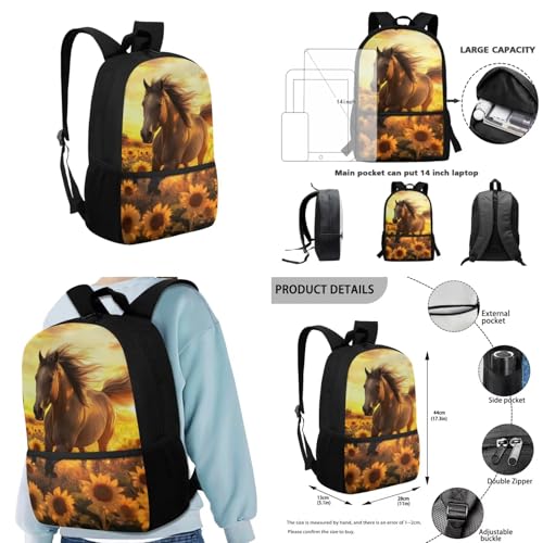 Horse School Backpack for Men with Water Bottle Pocket Sunflower Bookbag for Girls Large Capacity School Bag with Lunch Box Pencil Case and Key Ring 4 in 1 Set Back to School Gifts for Kids3