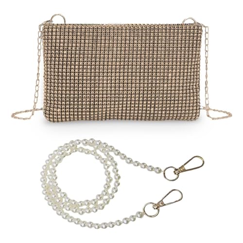ZGDEIWGF 1 bolso de diamantes con un solo hombro, 1 cadena de perlas, bolso de mano dorado para mujer, bolso de mano para mujer, dorado, talla única