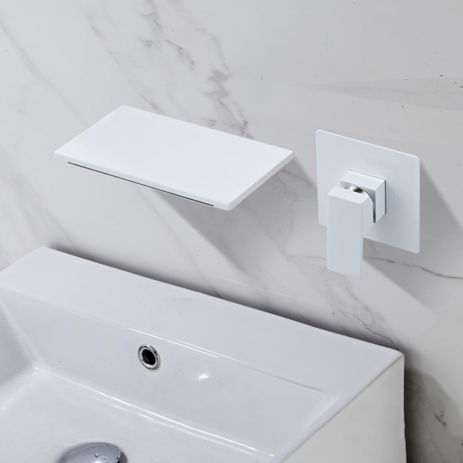 Grifos de baño en cascada montados en la pared Grifos para lavabo de baño Mezcladores Grifos para lavabo monomando para baño Instalación de 2 orificios Agua mezclada fría y caliente Todo cobre,Blanco