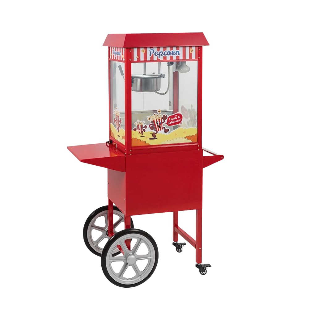 Palomitera Grande con Carrito Portátil, Olla Extraíble e Iluminación, Color Rojo Americano, Ideal para Fiestas y Eventos. Máquina de Palomitas con Potencia de 1350 W y Gran Capacidad.