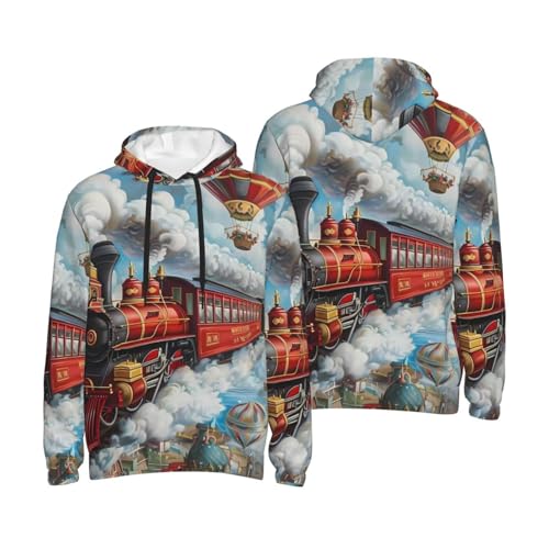 Red Train Hot Air Balloon Hoodies for Men, Fashion Graphic Hoodies Pullover Hooded Sweatshirt for Men4