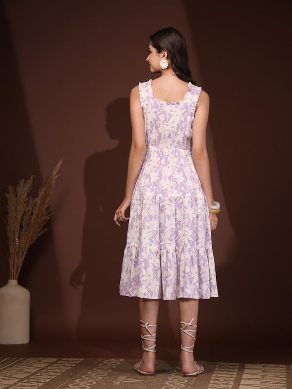 Image of Daevish New Rayon Floral Printed Flared Midi Dress for Women | Women Calf Length Dress