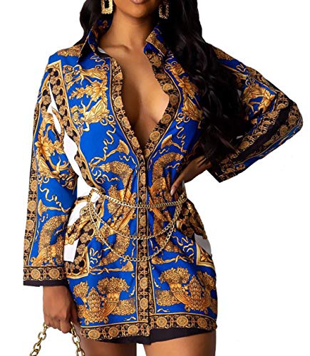 Women's Sexy Button Down Shirts Dresses Floral Print Long Sleeve Collar Neck Casual Mini Blouses Tops