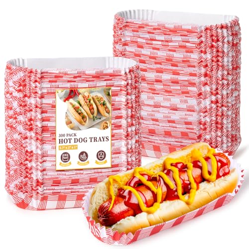 300 Pcs Paper Hot Dog Trays, Small Disposable Hot Dog Boats Fluted to Go Food Holders for Concession Stand, Party, Food Truck (Red)