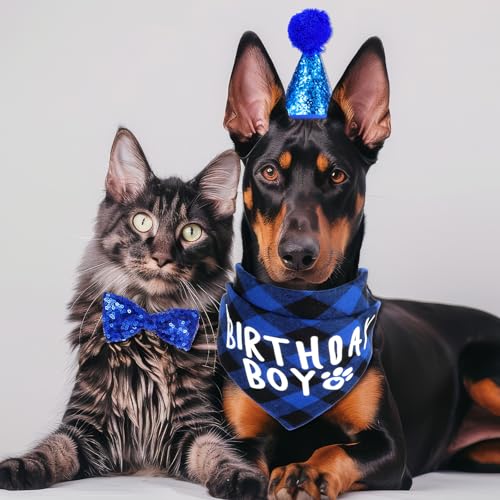 JJUNW 4 Stück Hund Geburtstag Bandana Set, Hund Geburtstag Party Set, Hunde Bandana Mütze mit 8 Bling Nummern und Fliege Hunde Zubehör Set für Welpenkatzenhaustie(blau)